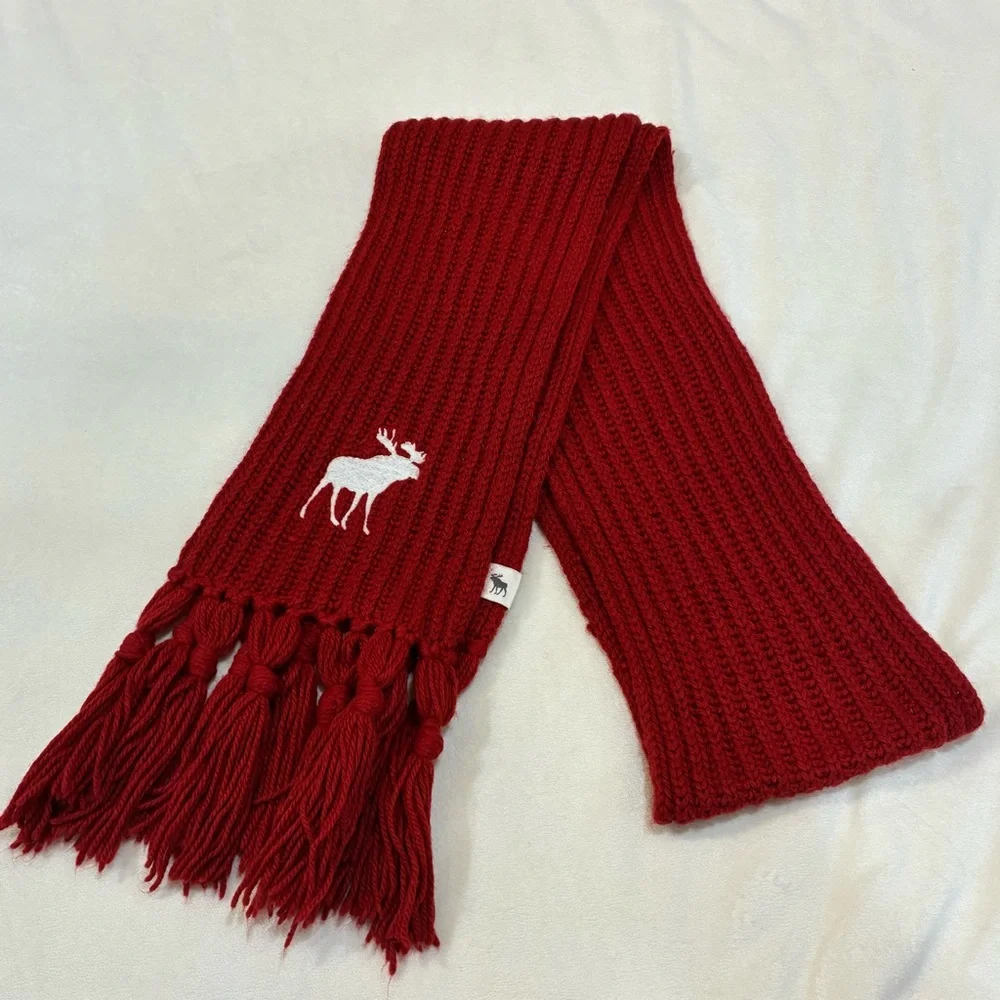 Y2K Abercrombie & Fitch Maroon Ribbed Knit Scarf Embroidered Moose Logo